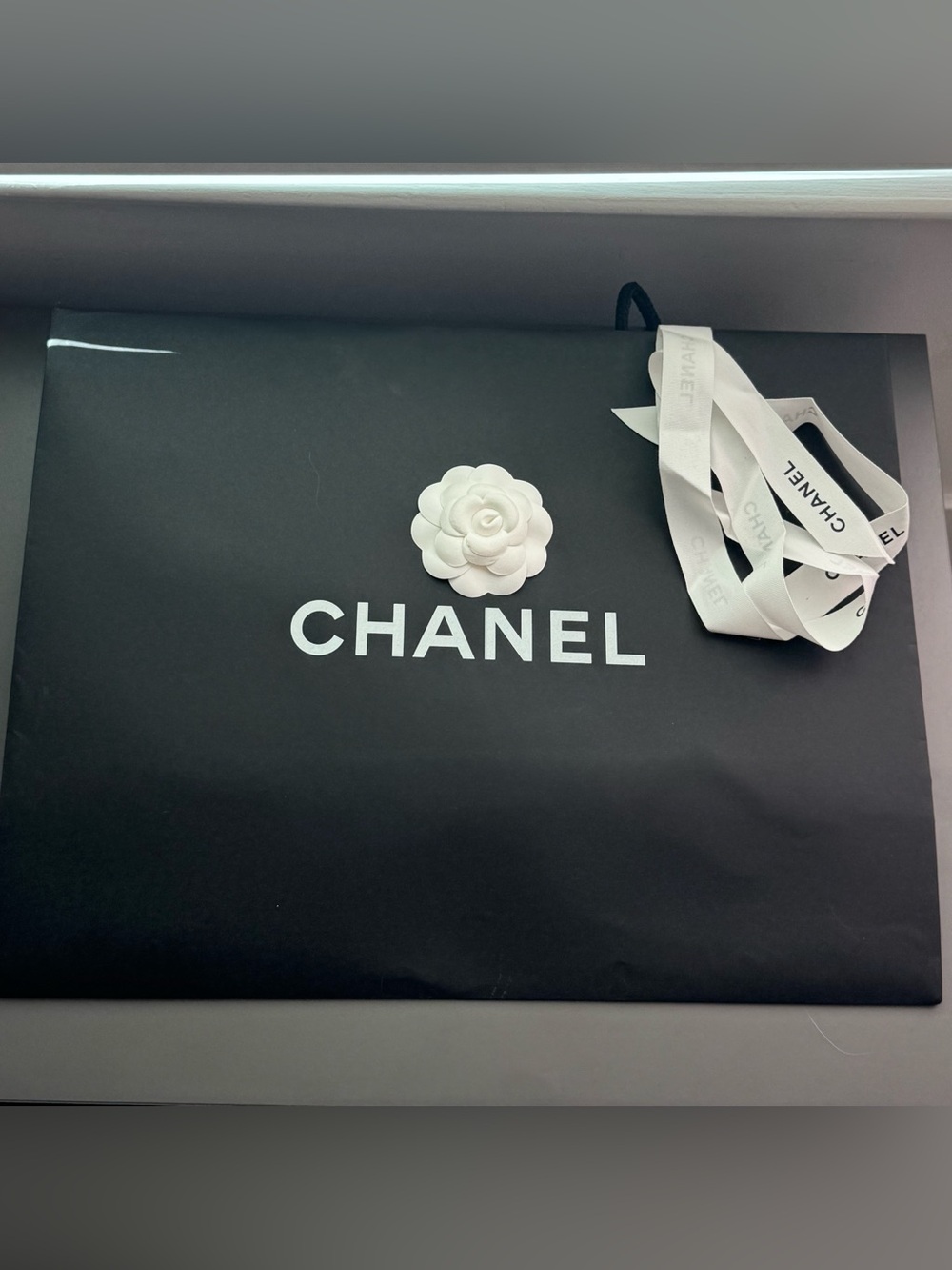 Chanel Black White Paper Shopping Bag with Ribbon Camellia